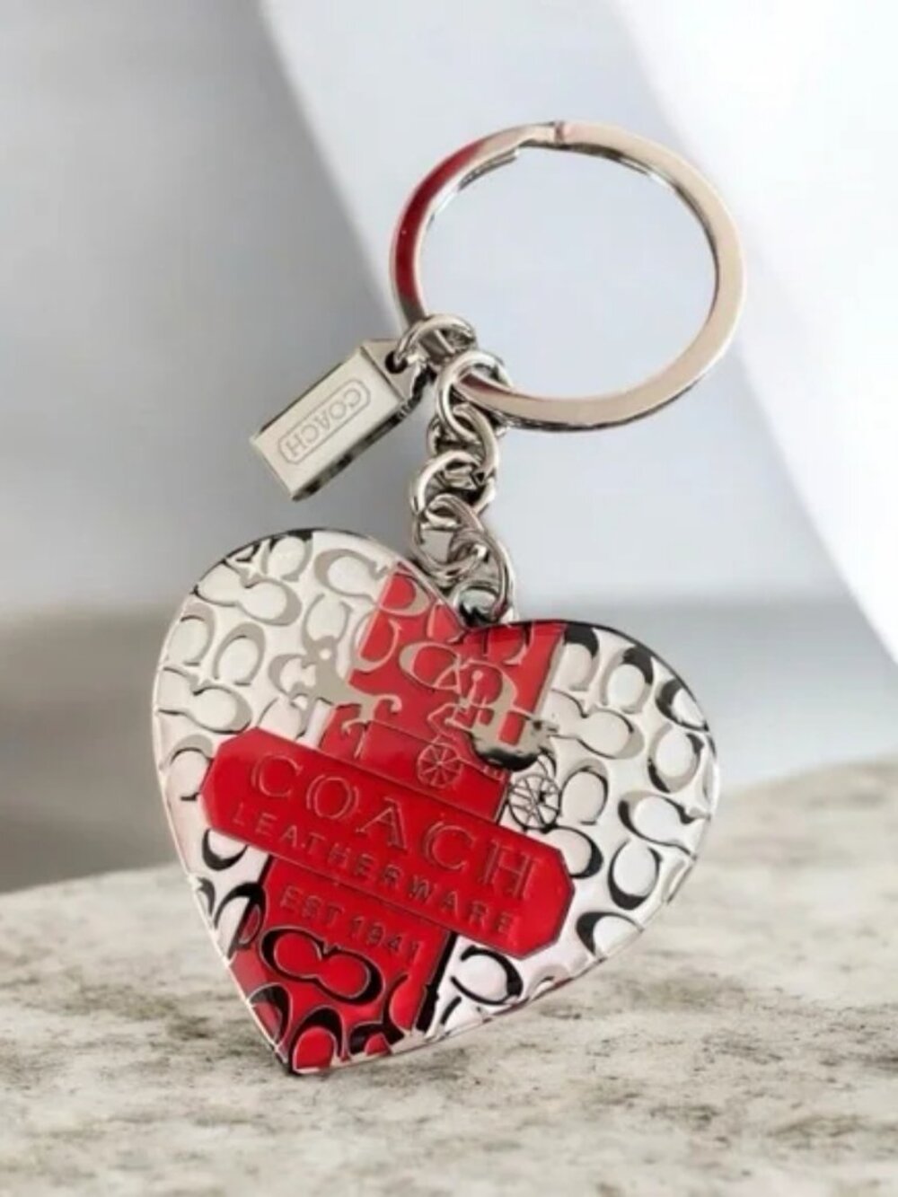 Coach Heart Keychain White with Silver C's and Red Enamel Accent NWOT